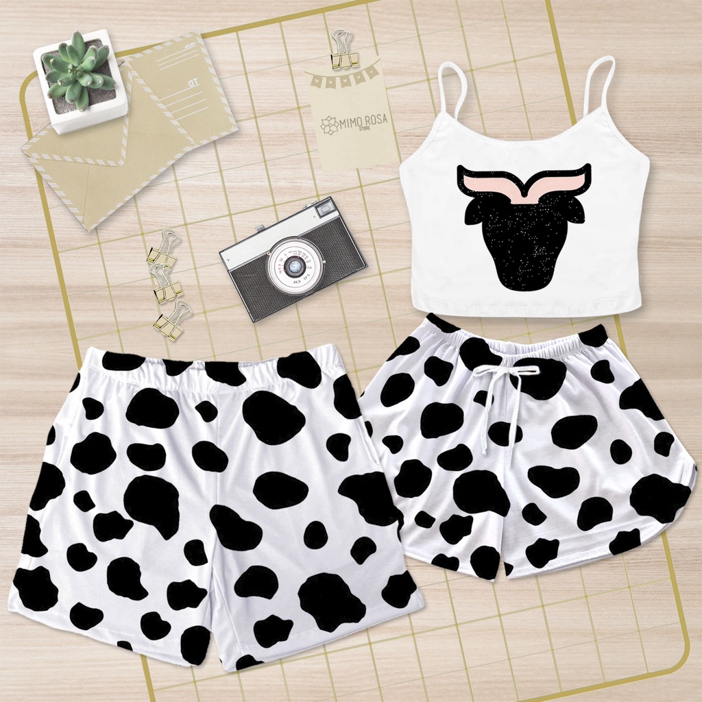 Pijama Casal Baby Doll Cropped Vaca Cabeça e Shorts Masculino Samba Canção Vaca