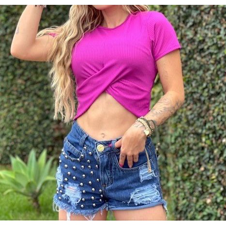 Blusa cropped feminino canelada manga curta sem bojo transpassada moda blogueira