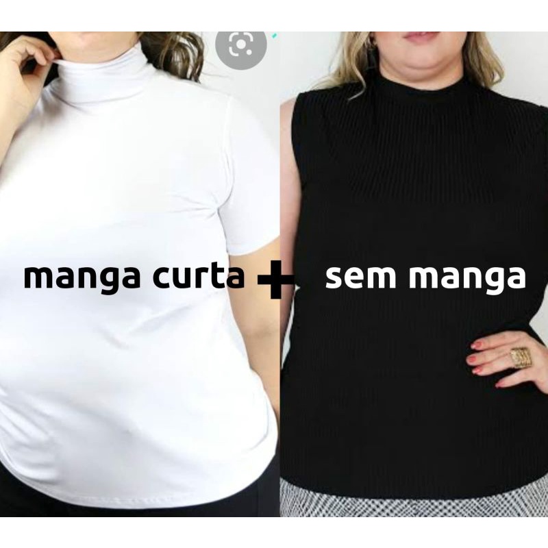 Kit T-shirt PLUS SIZE Manga curta Gola Alta malha canelada +Blusa Regata PLUS SIZE Gola Alta Sem Manga malha canelada