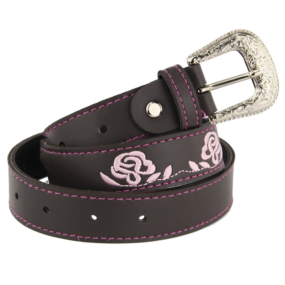 Cinto Infantil Rosa Bordado Country de Couro FIvela de Metal