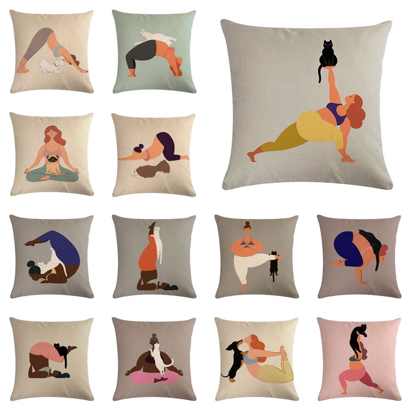 Imagem 45 * 45cm Yoga Com Gato Cão Linho Lance Fronha Capa De Almofada Do Carro Casa Decorativa