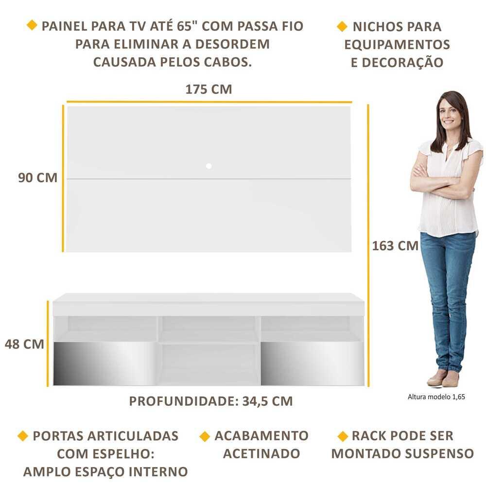 Detalhes do Painel TV até 65 polegadas com Rack Suspenso e Espelho Flórida Multimóveis Branco