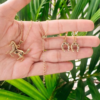 Conjunto Colar E Brinco Cavalo Ferradura Folheado a Ouro 18k