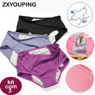 Kits ZXYOUPING 3 Peças Calcinha Feminina Calça De Período Menstrual Ampliada Para Prevenir Vazamento Lateral De Almofada Absorvente De Cintura Alta Plus Size L-6XL
