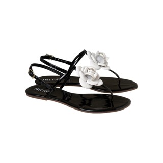 Sandália Rasteira Feminina Free Flats Flor Verniz Preto Macia Casual Conforto Verão Lançamento