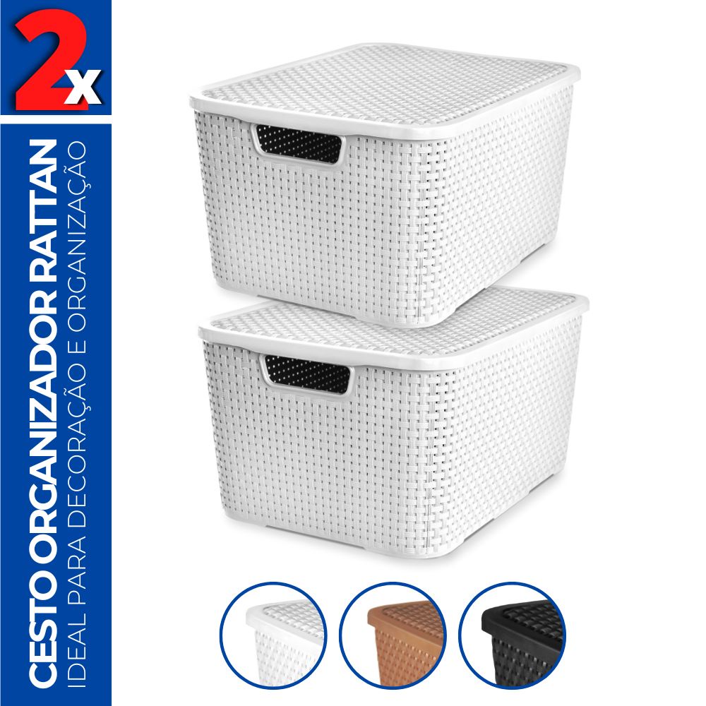 Kit 2 Caixas Cesto Rattan Organizadora c/ Tampa Multiuso 20L