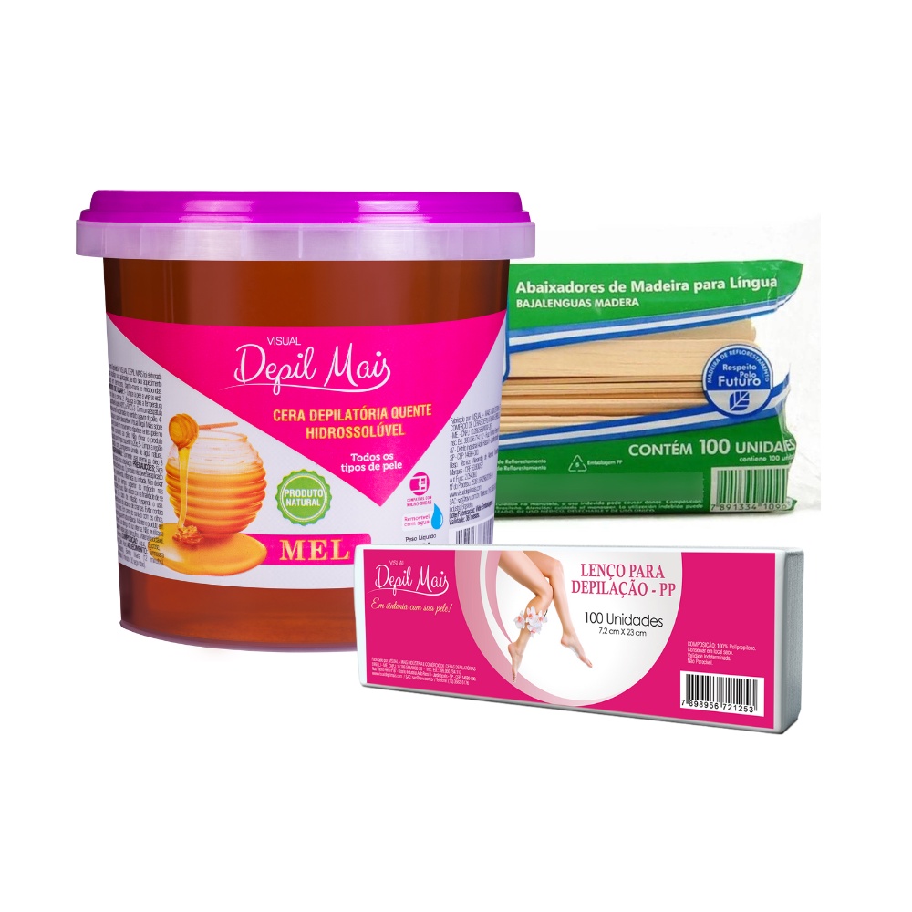 Kit Cera Depilatória Quente Depil Mais 1300g+Papel tnt 100un 80gr 23cmx7,2cm+abaixador madeira 100un em Oferta na Shopee