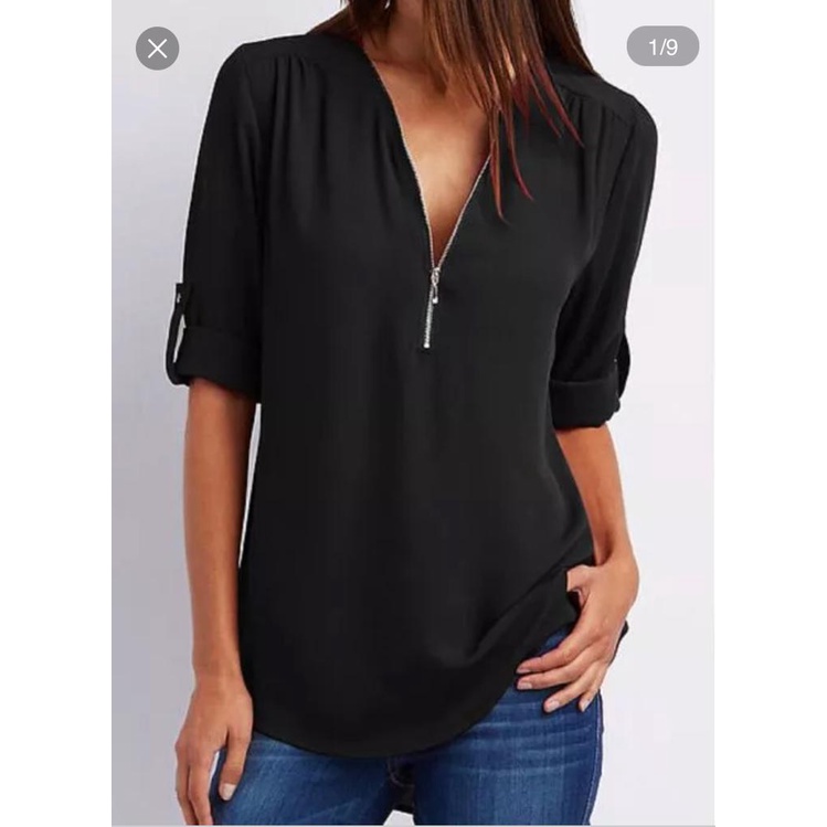 LUKABOUTIKE-Blusa casual gola v com zíper, manga longa com botões, cor preta, tamanho GG.