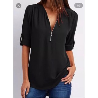 LUKABOUTIKE-Blusa casual gola v com zíper, manga longa com botões, cor preta, tamanho GG.