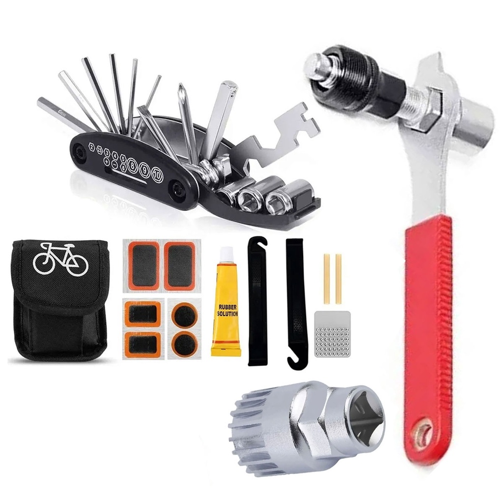 Chave Extrator Pedivela Com Cabo Sacador + Movimento Central + Kit De Reparo E Remendo Manutenção Para Bicicletas Com Chave Allen