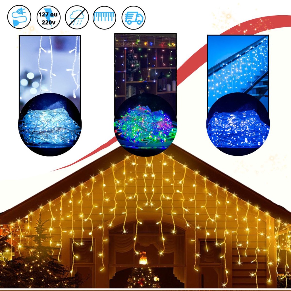 Cascata de Led até 400 Leds de 10 Metros Natal 8 Funções Natal Decoração  Luzes Pisca Pisca Led Natalina | Shopee Brasil