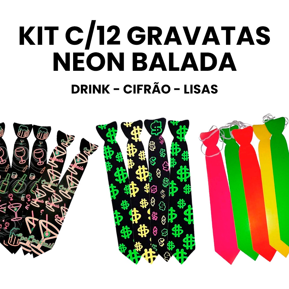 Kit com 12 gravatas NEON - Modelos variados para Festas Baladas Casamentos