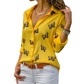 Blusa Feminina Manga Longa Borboleta Estampa Casual Camisas Colarinho Vintage Multicolorido Tops Soltos Plus Size