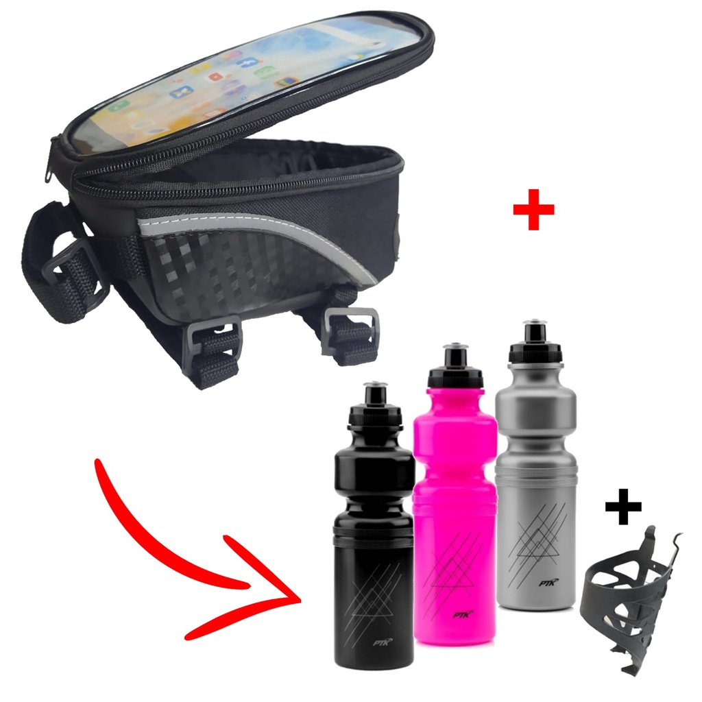 garrafa Squeeze de agua 750 ml para Bike / academia + suporte  + Bolsa porta celular/acessorios