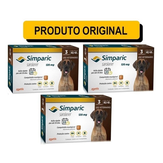 Simparic 120 mg Cães 40,1 a 60 kg 3 comprimido - Antipulgas, Carrapatos ...