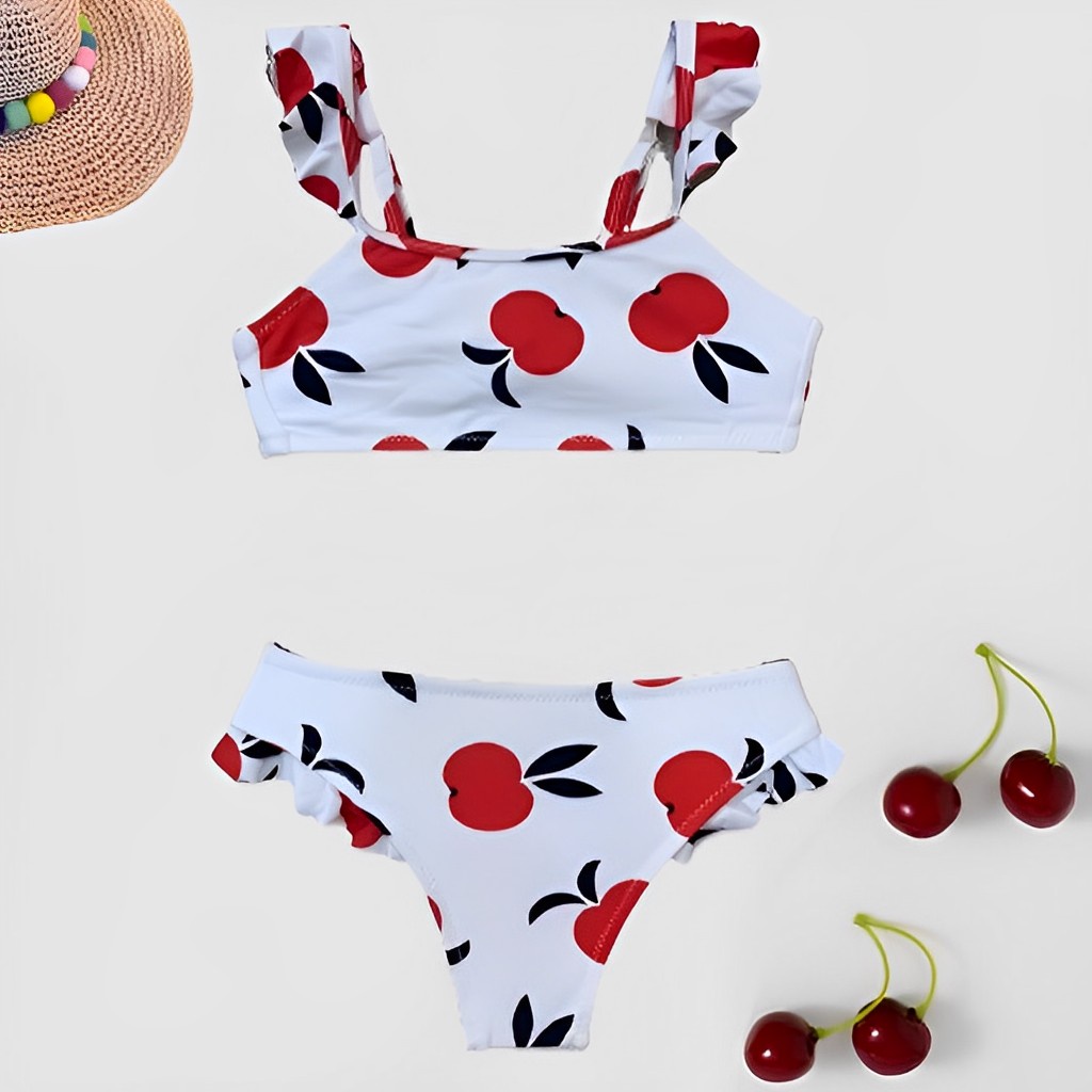 Conjunto de Biquíni Infantil e Juvenil Babado Alças Ajustáveis Bojo Removível Estampa Frutas 04 ao14