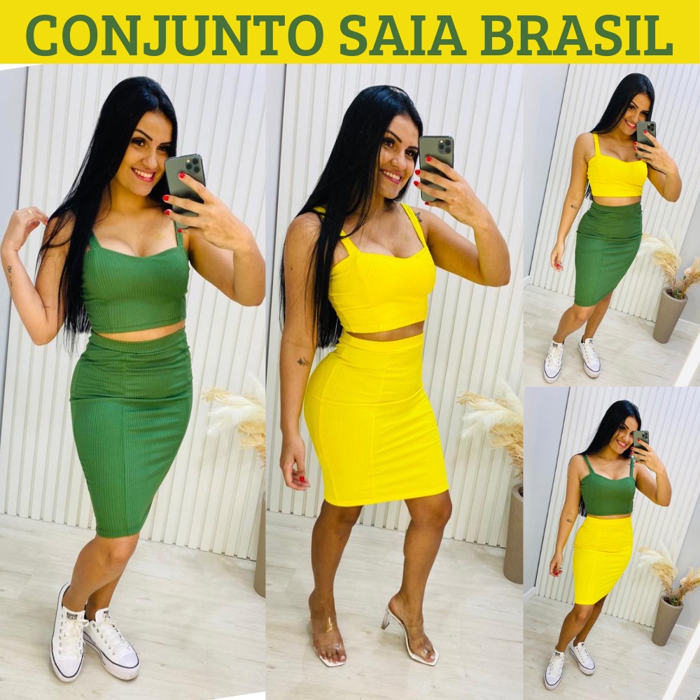 Conjunto Feminino Saia Midi Cropped Regata Estilo Brasil Copa Do Mundo Verde e Amarelo Saia Feminina Blusa Feminina