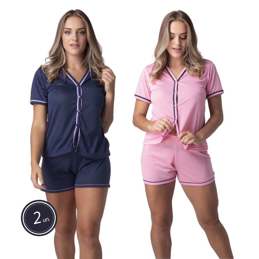 Promoção Kit 2 Pijamas Conjunto Americano Blogueirinha Botão Baby Doll Pós Parto Confortável Linha Noite Dormir 329
