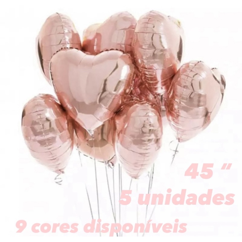 Kit 5 Balões Coração Metalizado 45cm 18 Polegadas Várias Cores á Escolha