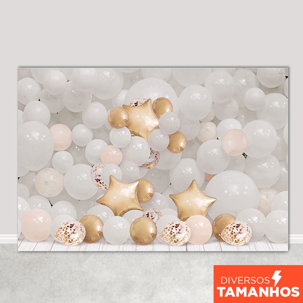 Painel Fundo Fotográfico Ano Novo Cenário Balões Brancos e Dourados Sublimado Em Tecido em Oferta na Shopee