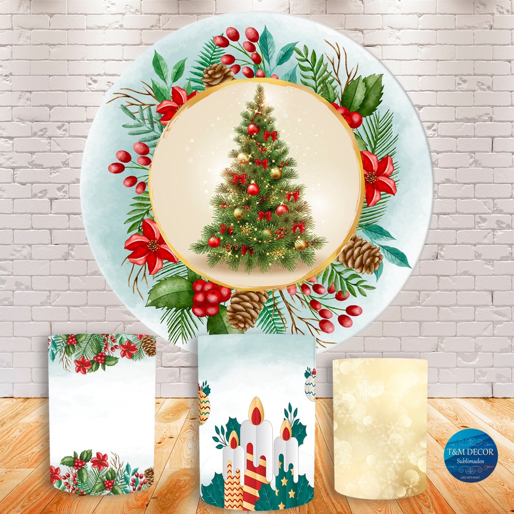 Kit Painel de festa em tecido sublimado 1,50m + trio de capas de cilindro Feliz Natal 02