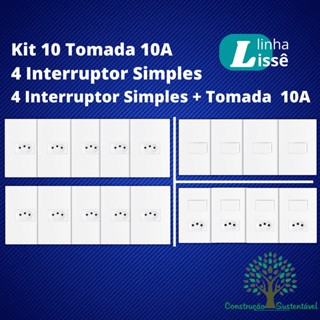 Kit 10 Tomada 10A + 4 Interruptores Simples + 4 Interruptor Simples com Tomada 10A - Linha Lissê Apoio (Apagador e Tomada)