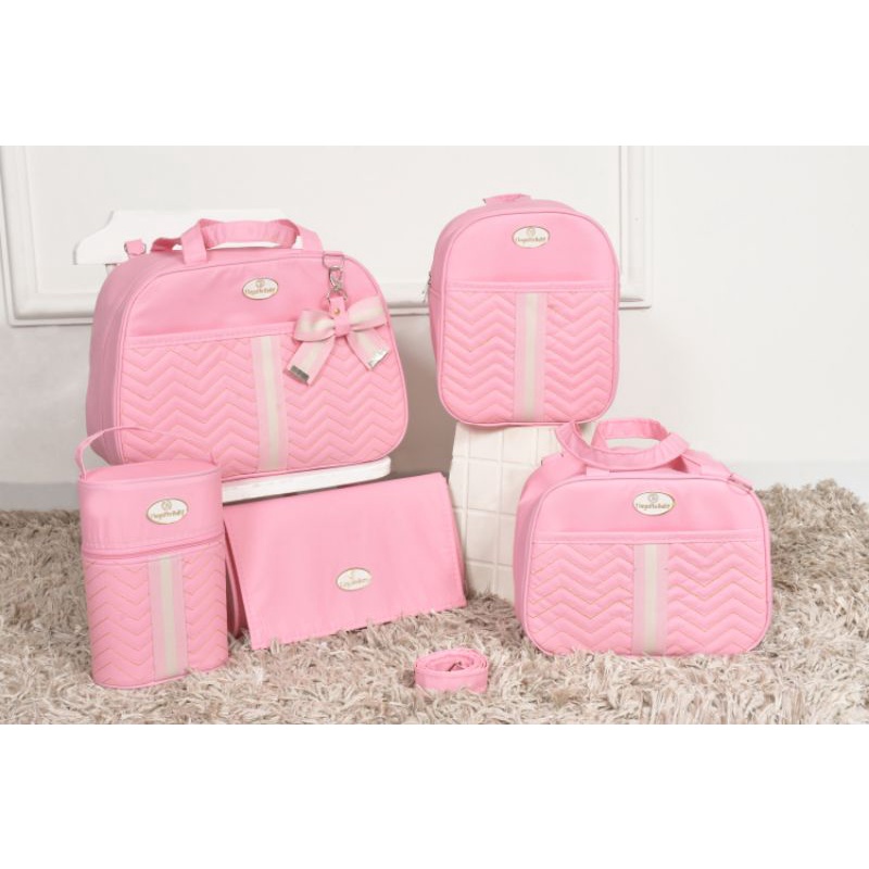 Kit Bolsa de Bebê Laço 5 Peças (Rosa)