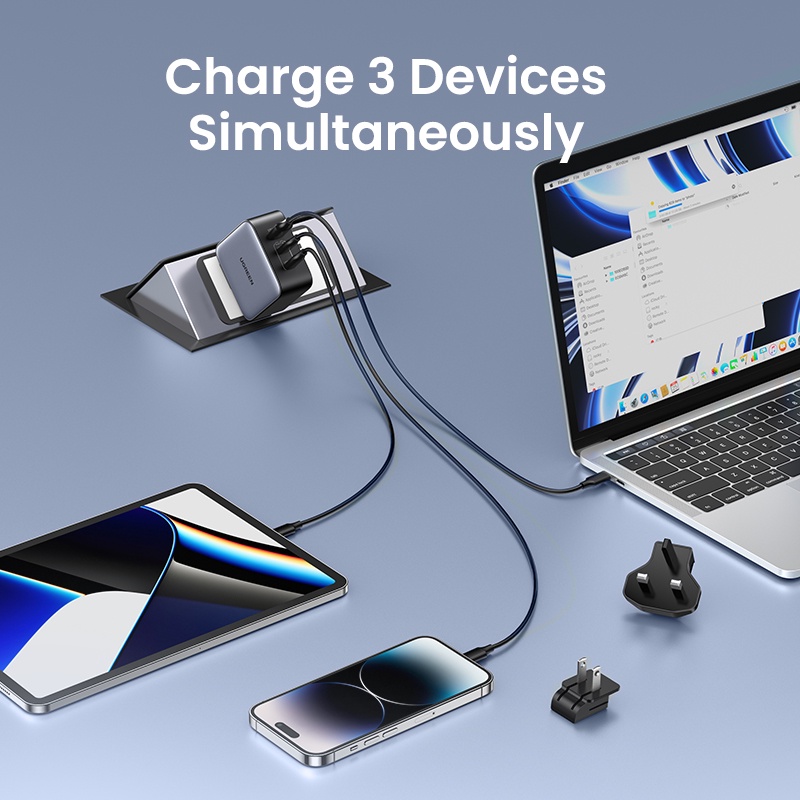 Detalhes do Carregador Rápido De Viagem UGREEN 65W GAN PD-2C1A 2 Tipo C 1 USB A Com UK/EU/US Plugs Para Ipad Pro MacBook M1 iPhone