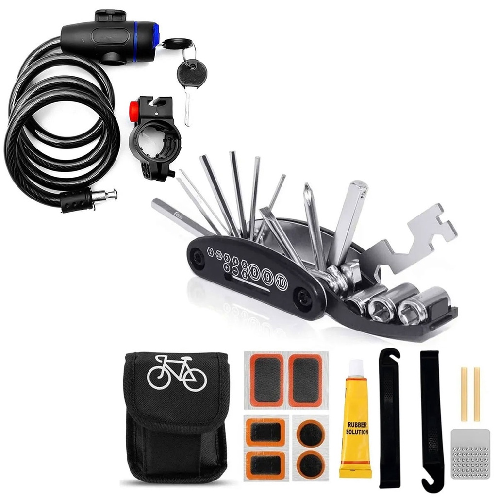 Kit De Remendo E Reparo Manutenção Para Bicicletas Com Chave Allen + Trava Cabo De Aço Cadeado Segurança Bike Moto Com Suporte Com Chave Espiral Anti-Roubo
