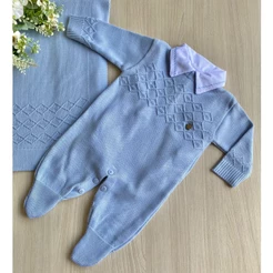 Saída de maternidade de menino Charles em tricot azul macacão 3 peças