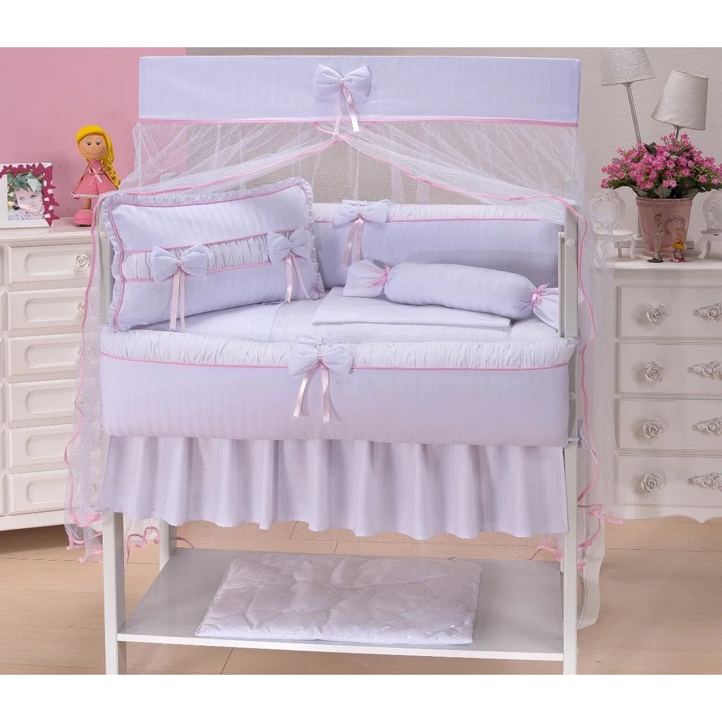 Kit protetor de berço 9 peças - ternurinha menina branco com detalhes rosa