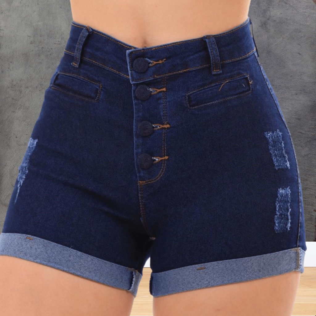 Short Jeans Cintura Alta Hot Pants Com Fechamento Em Botões Com A Barra Feita Levanta Bumbum 