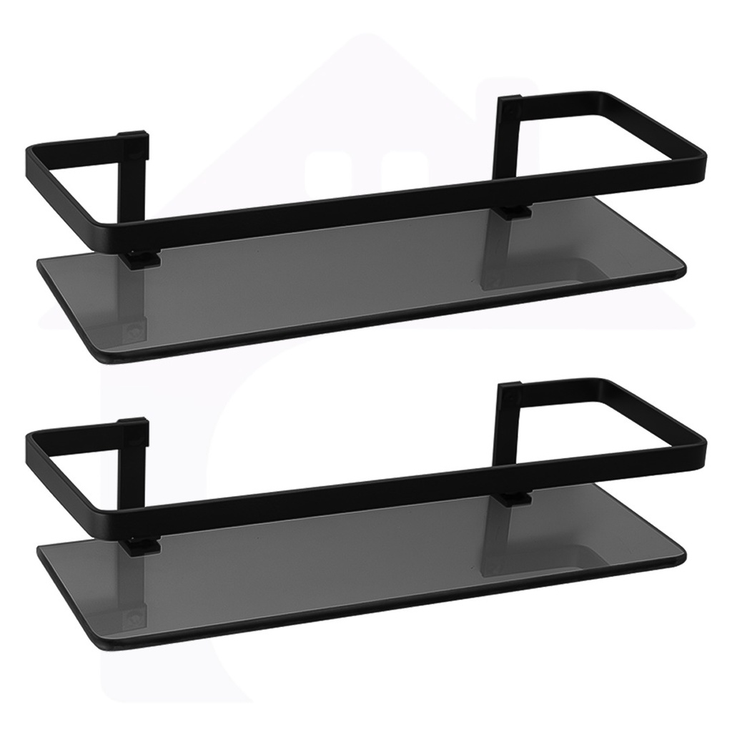 2 Suporte De Shampoo Preto Organizador Porta Shampoo de Alumínio Base de Vidro Reto Prateleira para Banheiro Cozinha