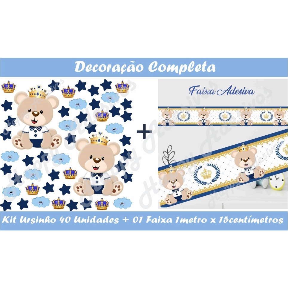 Adesivo Infantil Ursinho Príncipe Coroa Rei Decoração Para Parede Maternidade Tema Infantil Menino Colantes + 1 Faixa Fita Adesiva Urso