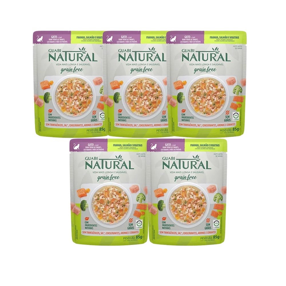 Kit 5 Rações Úmidas Guabi Natural Grain Free Sachê Gatos Castrados Salmão e Frango - 85g