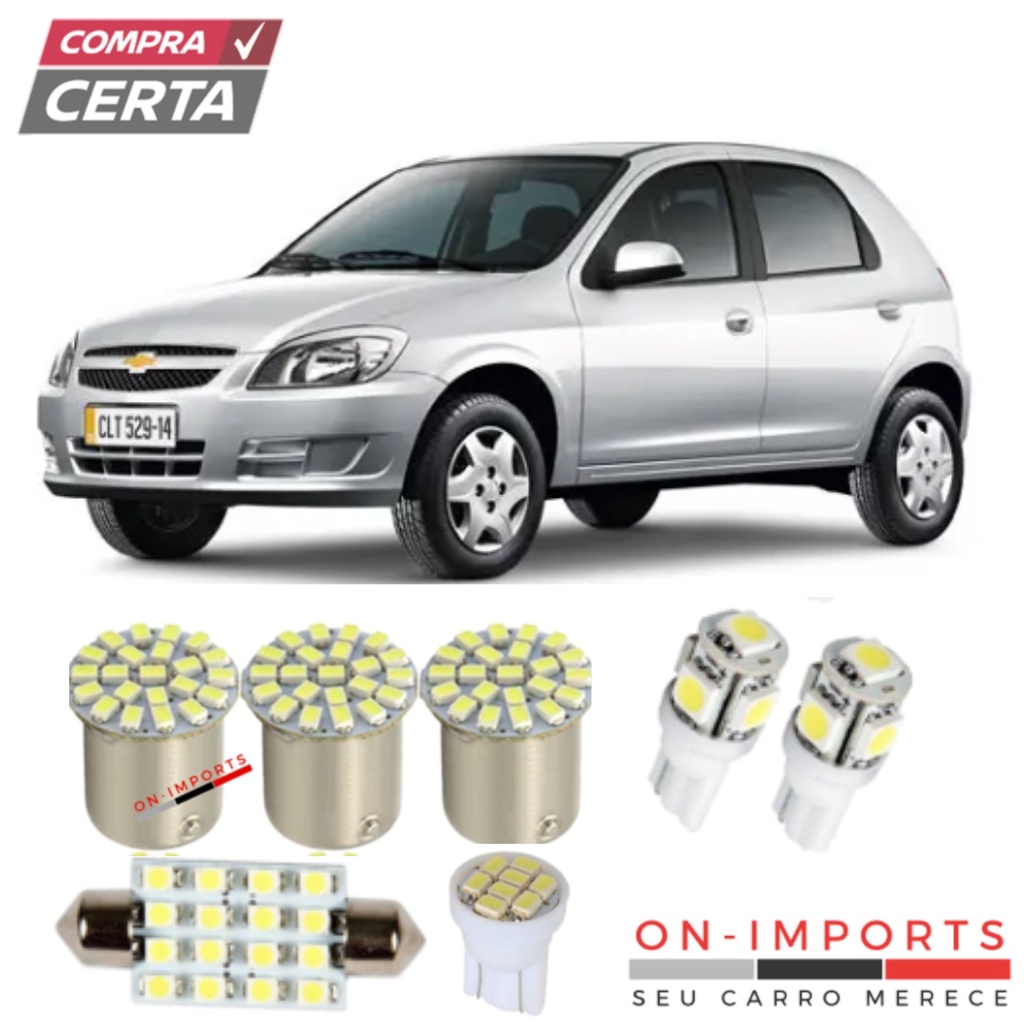 CONJUNTO LED PREMIUM CHEVROLET CELTA LÂMPADAS RÉ PLACA TETO FAROL FAROLETE MEIA LUZ ESTACIONAMENTO T10 TORPEDO PINGO POLO