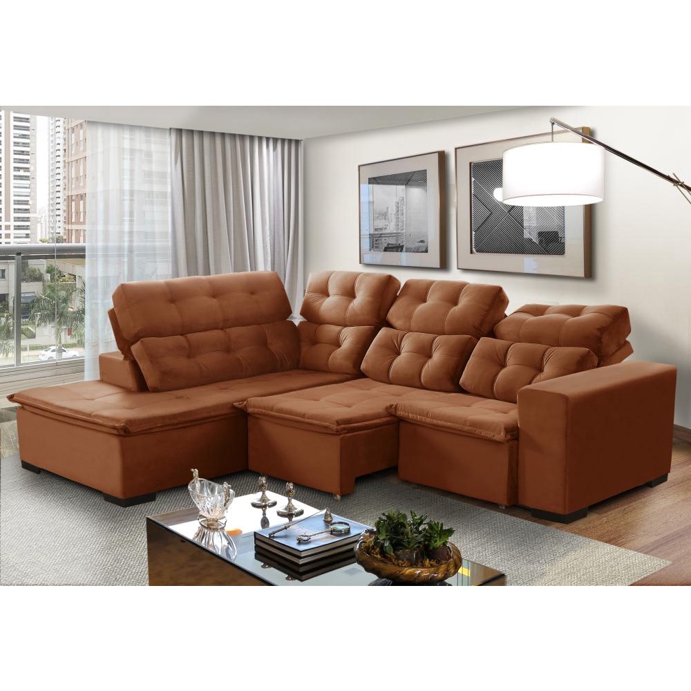 Sofá de Canto Berlim Retrátil/Reclinável 6 Lugares Terracota Pillow Top c/molas bonnel 2,20x2,80 - Sofá Casa