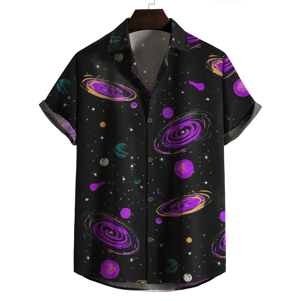 Camisa de botão universo galáxias espaço roxo
