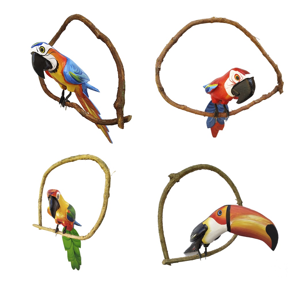 Kit 4 Pássaros 50cm De Madeira Artesanal Decoração Tucano Arara Vermelha Canindé Verde Militar