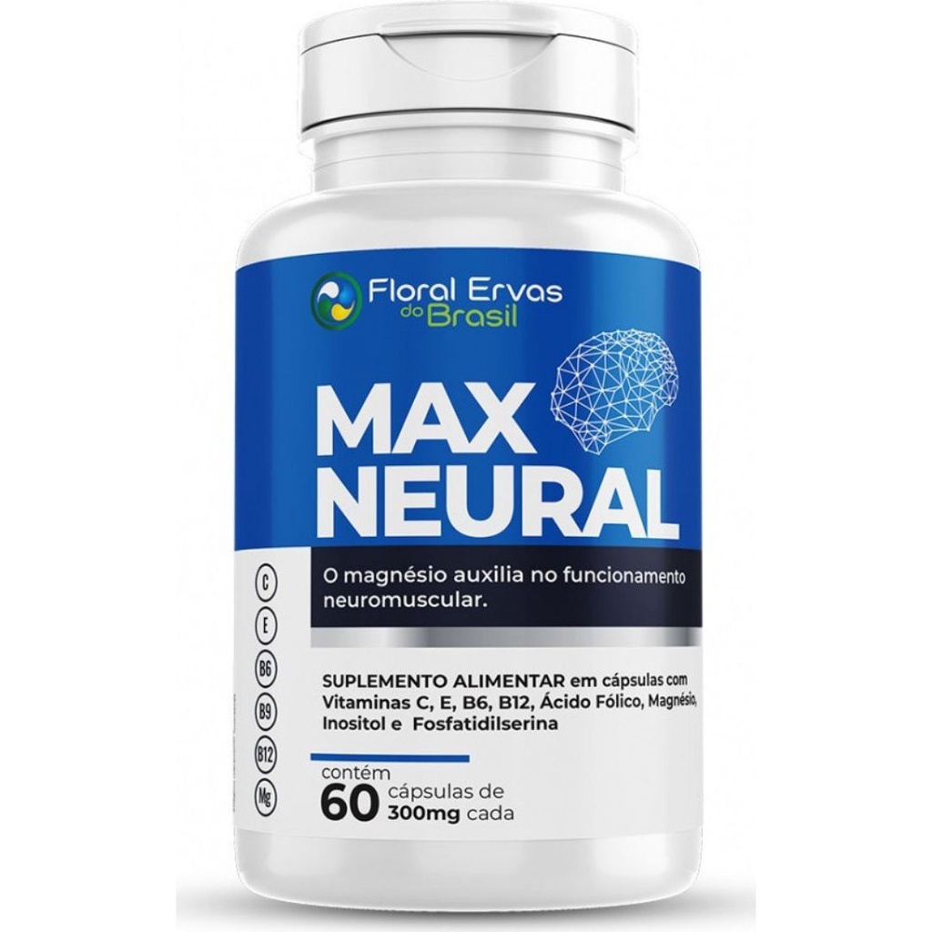 Max Neural Magnésio 60 Caps 300mg  Vit C E B6 B9 B12 Fosfatidilserina Inositol - Floral Ervas