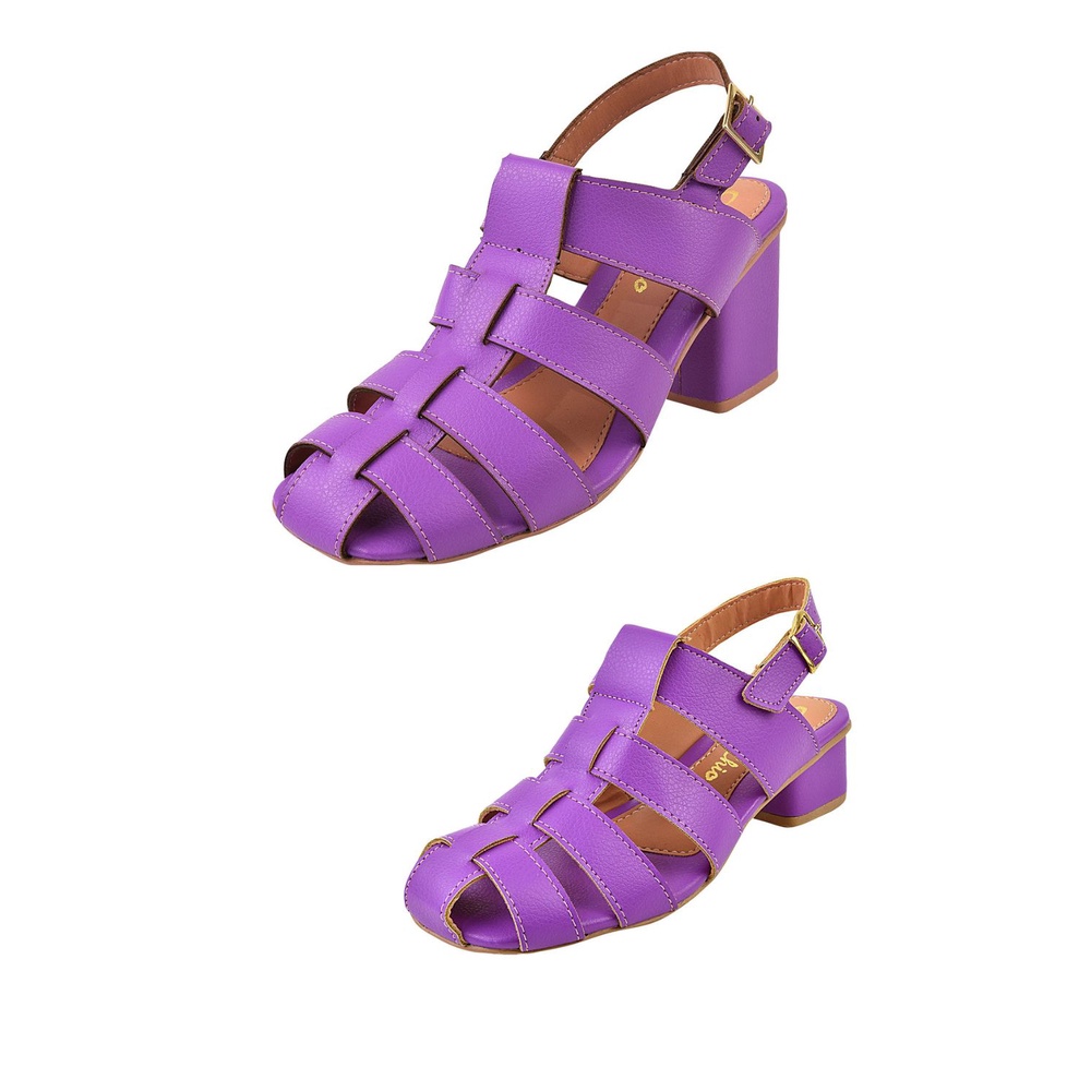 Kit Mãe e Filha Sandália Roxo Lilás Salto Alto Grosso Bloco Bico Quadrado Gladiadora Fisherman Bonnie Confortável