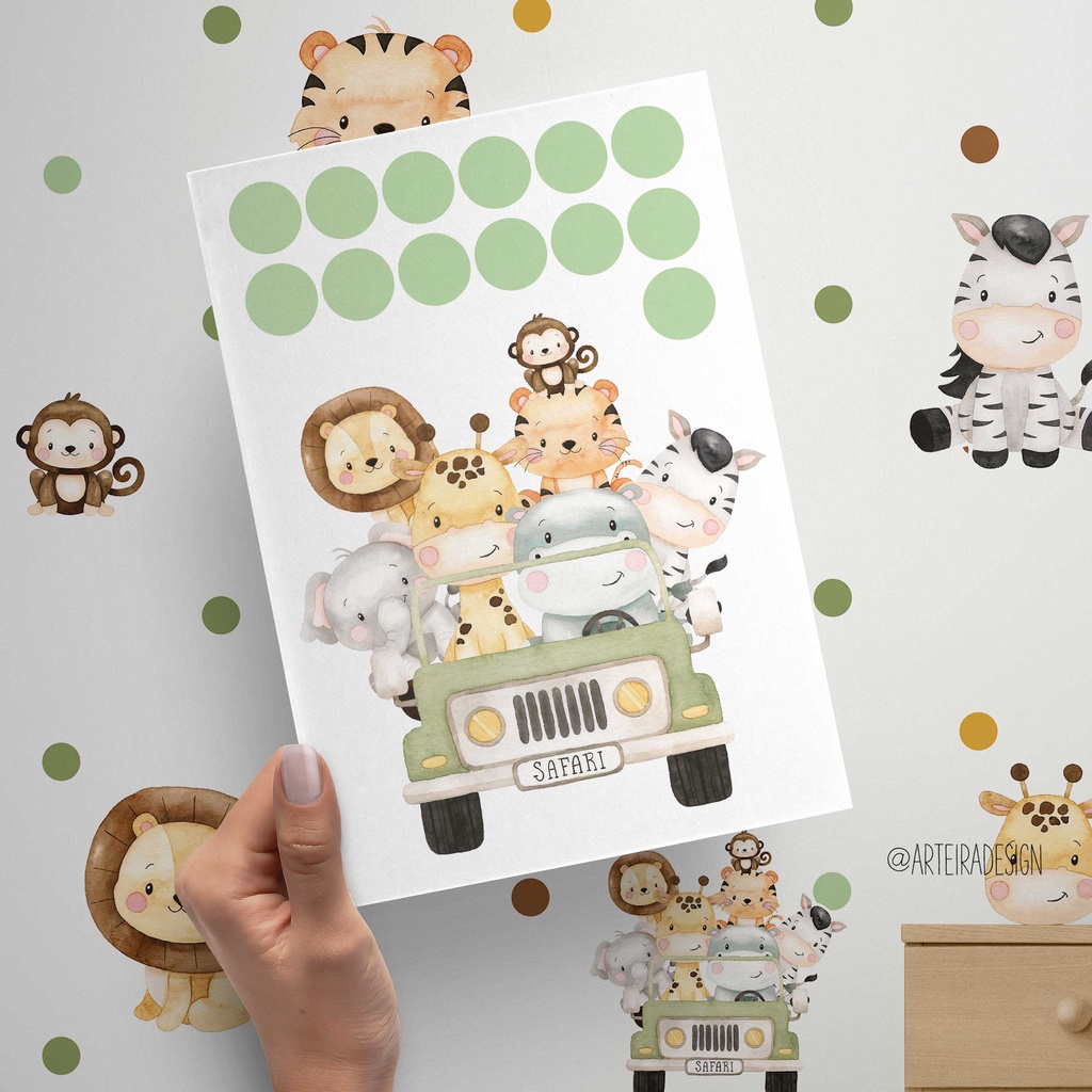 KIT COM 117 ADESIVOS PARA PAREDE SAFARI AQUARELA - MENINO