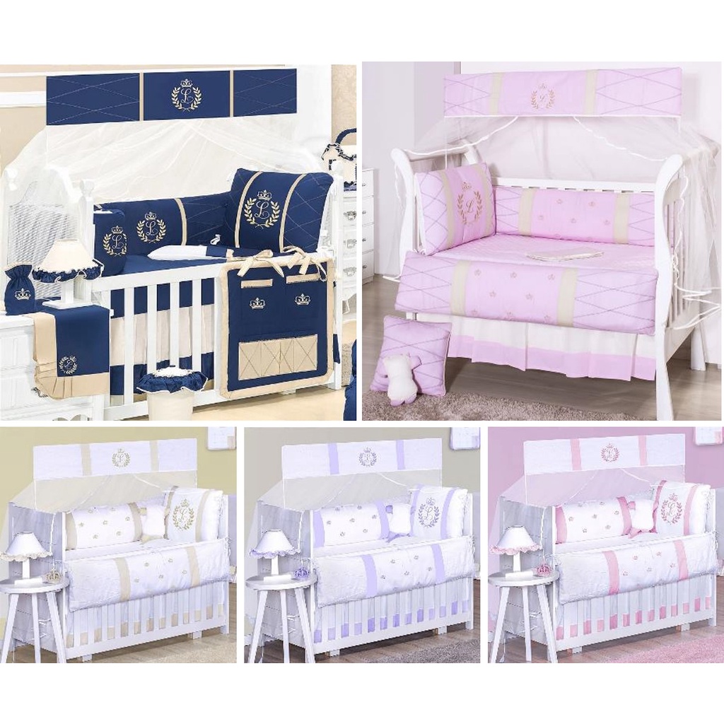 Kit Berço Enxoval 7 peças Menino Menina Com A Inicial do Bebê Personalizada de A a Z 100% Algodão Nacional Americano