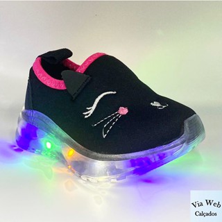 Tênis Infantil Luzinha Tênis de Led criança feminino Preto gatinha Calce Facil 20 ao 27