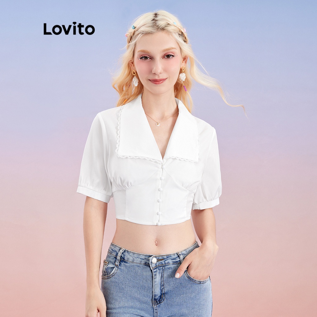 Lovito Blusa Cropped Lisa Fofa com Bainha de Renda e Botão L30AD068  (Arranco) - Escorrega o Preço