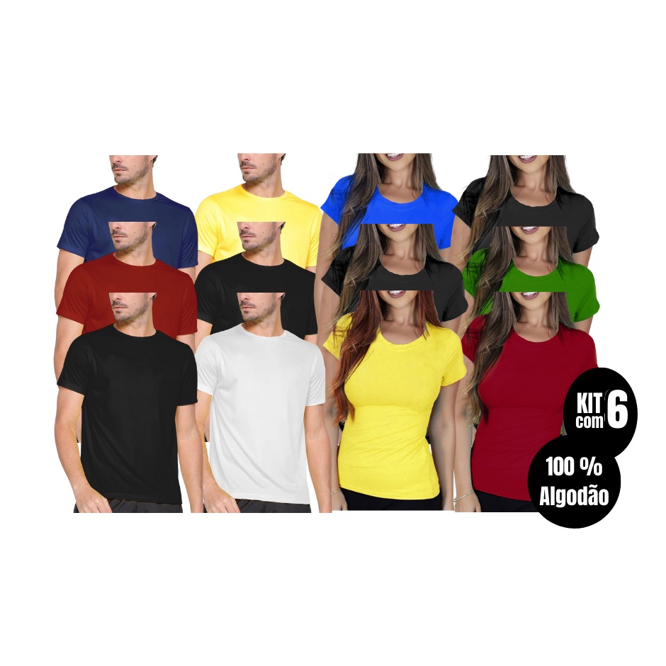 Kit com 6 Camisas Camisetas Baby Looks Blusas T-shirts Unissex Masculina Feminina Slim Básica Tecido de Qualidade 100% Algodão Caimento Perfeito Para Dia a Dia Trabalho Uniforme