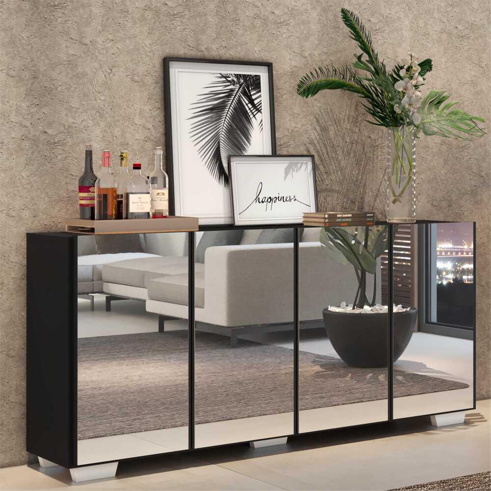 Aparador Buffet 4 portas c/ Espelho e Pés Quadrados Vegas Multimóveis Preto/Branco em Oferta na Shopee