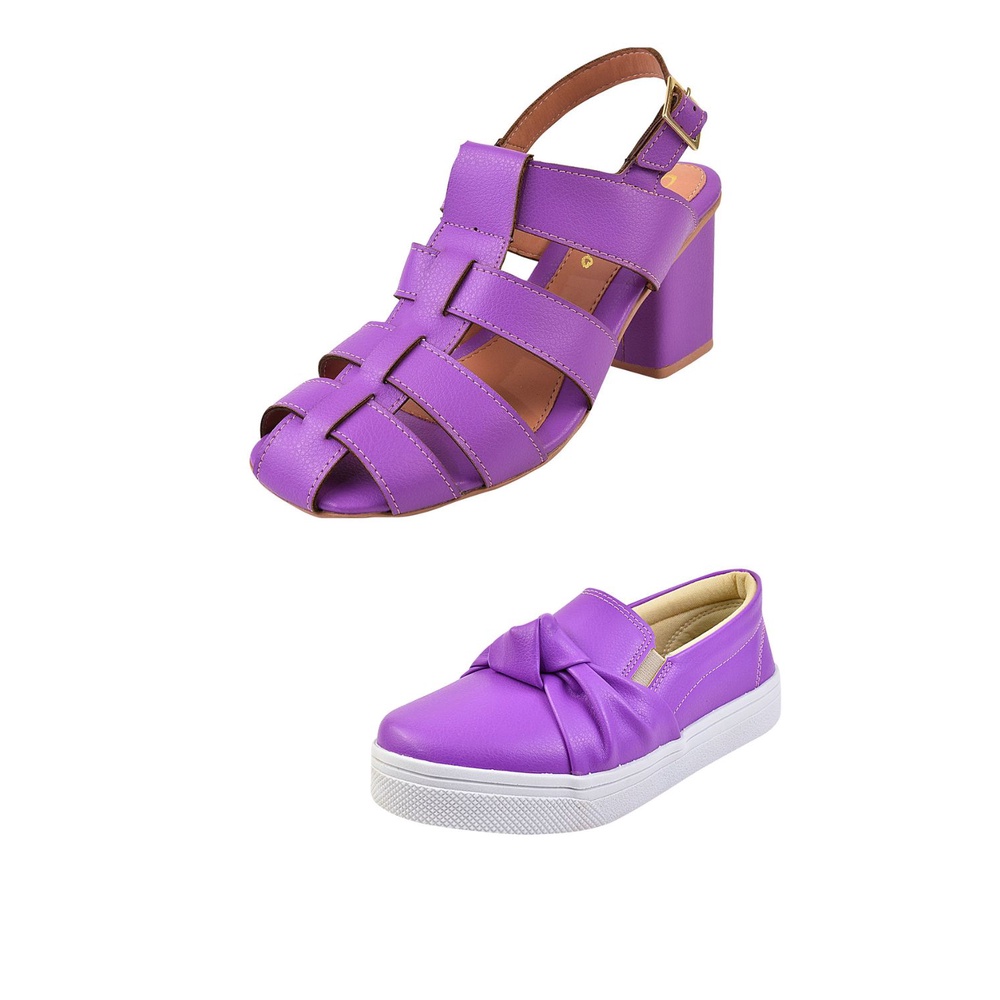 Kit Tênis e Sandália Roxo Lilás Tênis Nó e Sandália Salto Alto Bico Quadrado Gladiadora Fisherman Bonnie Confortável