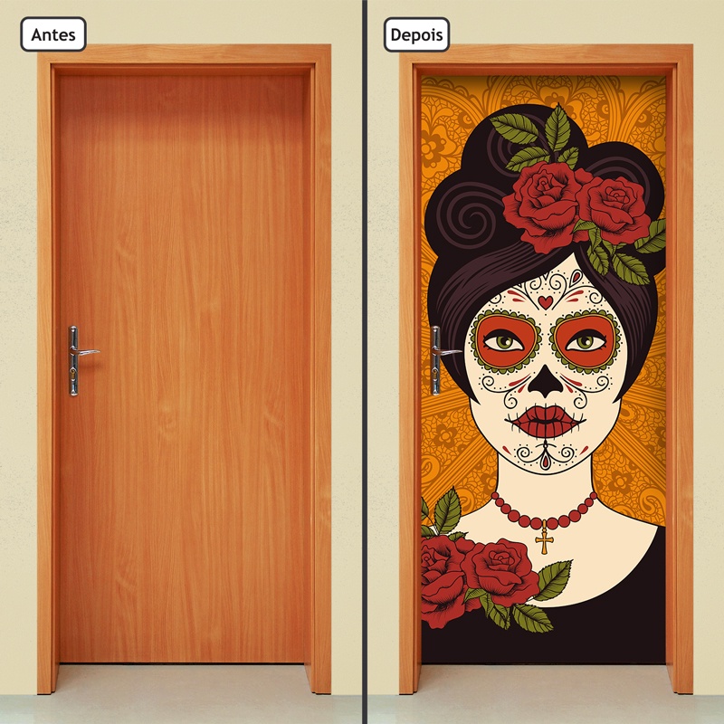 Adesivo Decorativo de Porta Parede Vidro Sala Cozinha Banheiro Casa Decoração Mundo Caveira Mexicana
