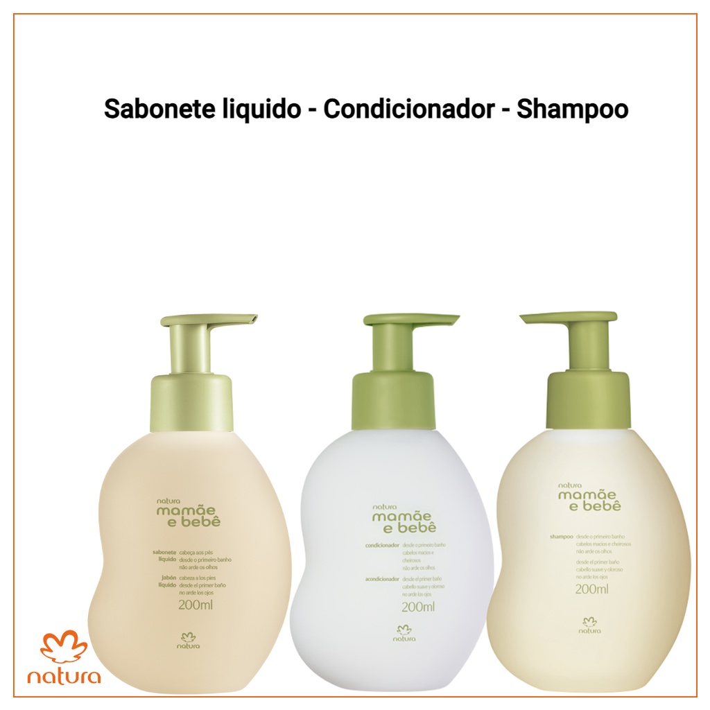 Combo Kit Natura Mamãe e Bebê Tradicional Sabonete liquido 200ml + Shampoo 200ml + Condicionador 200ml